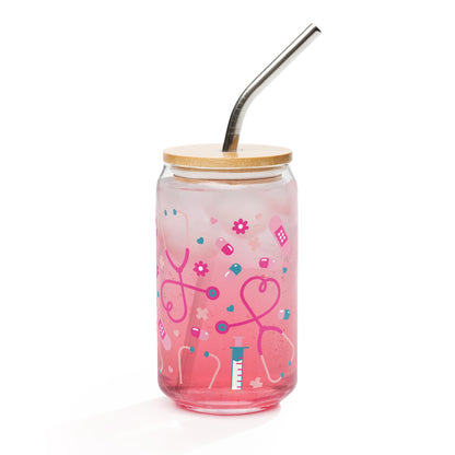 Kawaii Nurse Medical Scatter Can-Shaped Glass Tumbler by Spinsterly Co, pink clear glass with bamboo lid and metal straw