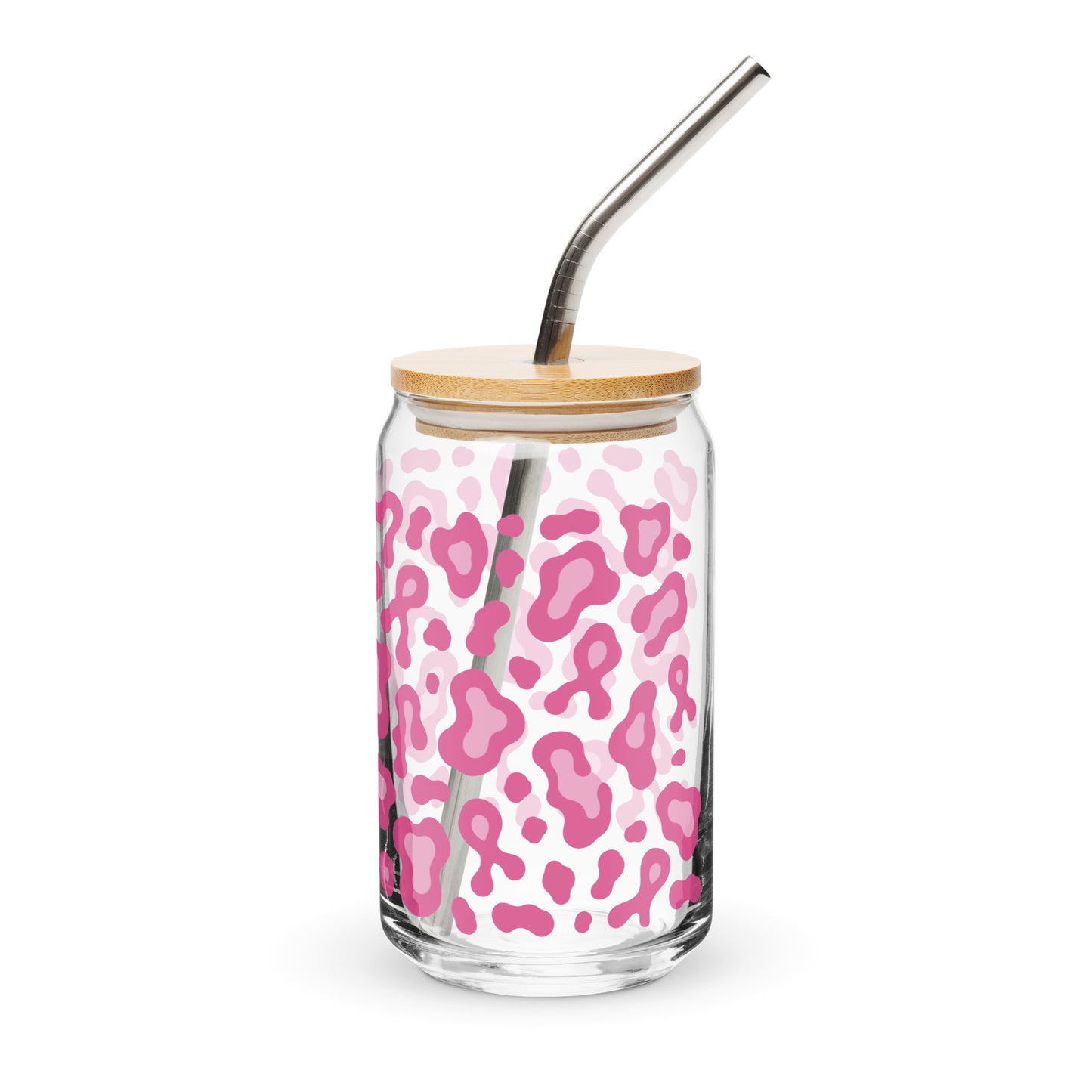 A clear glass can-shaped tumbler with a pink leopard print pattern, a light wood lid, and a curved stainless steel straw, shown on a white background.