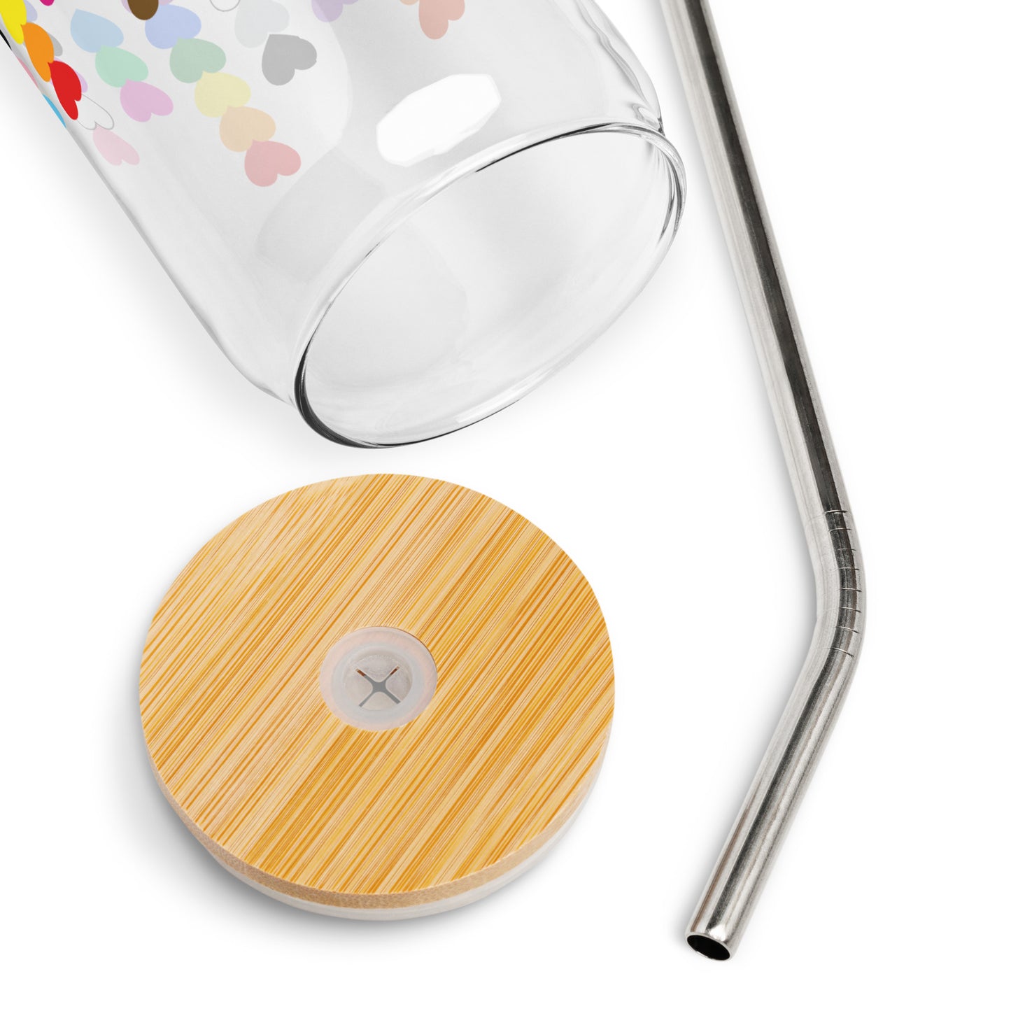 LGBTQIA Pride Rainbow Hearts Can-Shaped Glass Tumbler by Spinsterly Co, clear glass with bamboo lid