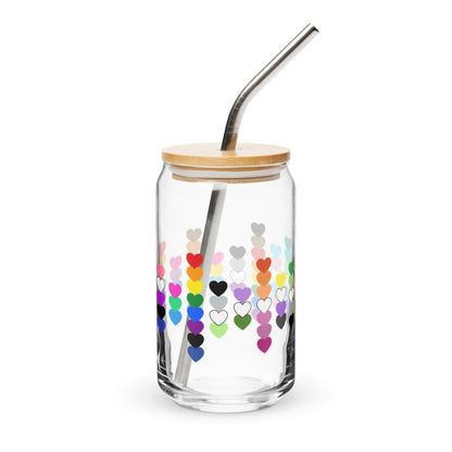 LGBTQIA Pride Rainbow Hearts Can-Shaped Glass Tumbler by Spinsterly Co, clear glass with bamboo lid and straw