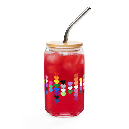 LGBTQIA Pride Rainbow Hearts Can-Shaped Glass Tumbler by Spinsterly Co in red with bamboo lid and straw