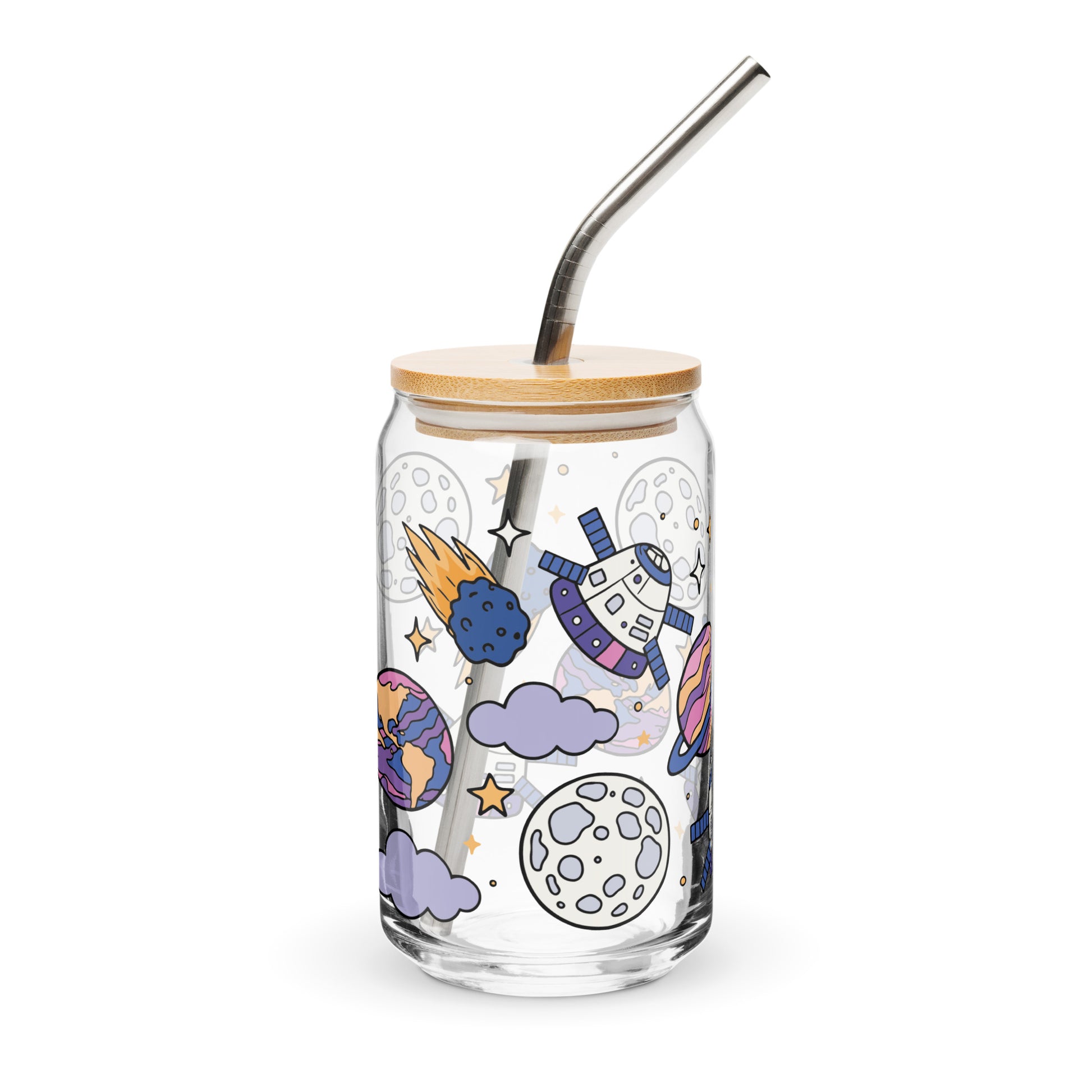 Kawaii Space Scatter Cosmic Glass Tumbler by Spinsterly Co, clear glass with bamboo lid and metal straw