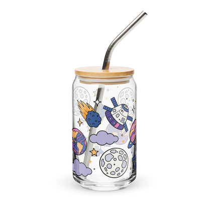 Kawaii Space Scatter Cosmic Glass Tumbler by Spinsterly Co, clear glass with bamboo lid and metal straw