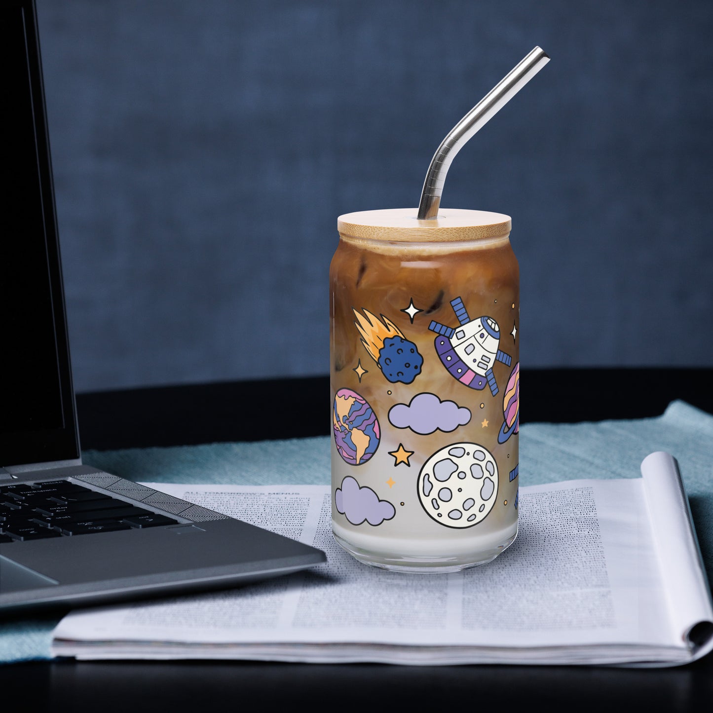 Kawaii Space Scatter Cosmic Glass Tumbler by Spinsterly Co, clear glass with bamboo lid and metal straw