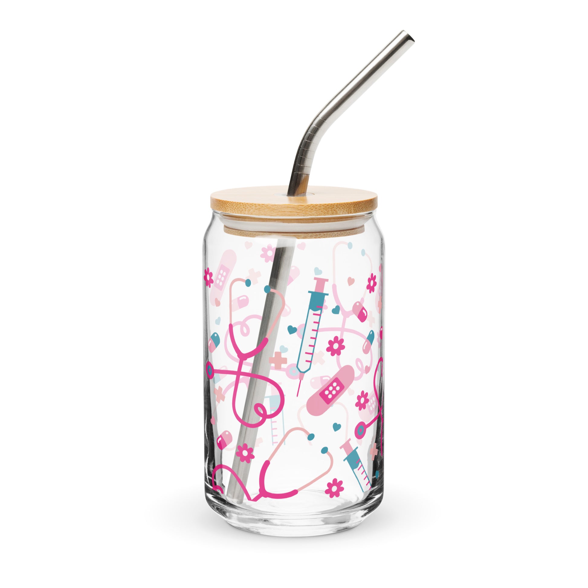 Kawaii Nurse Medical Scatter Can-Shaped Glass Tumbler Spinsterly Co clear glass with bamboo lid and metal straw