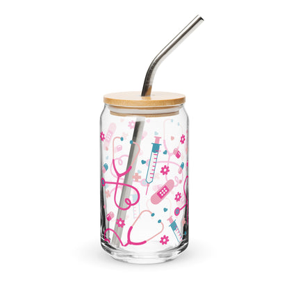 Kawaii Nurse Medical Scatter Can-Shaped Glass Tumbler Spinsterly Co clear glass with bamboo lid and metal straw
