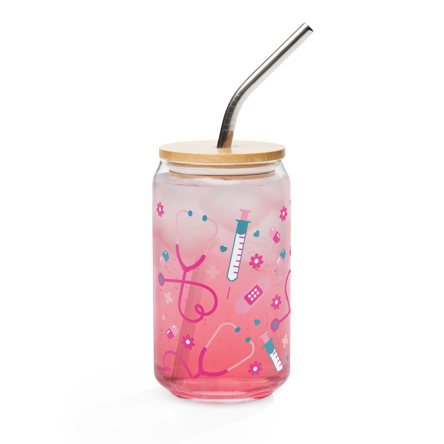 Kawaii Nurse Medical Scatter Can-Shaped Glass Tumbler by Spinsterly Co, pink glass with bamboo lid and metal straw