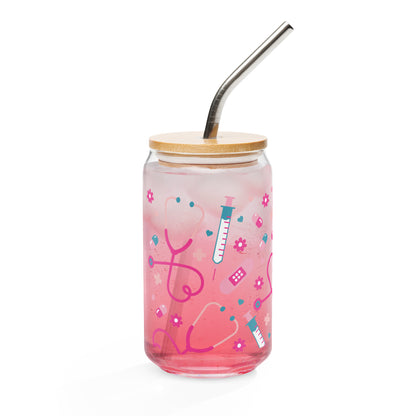 Kawaii Nurse Medical Scatter Can-Shaped Glass Tumbler by Spinsterly Co, pink glass with bamboo lid and metal straw