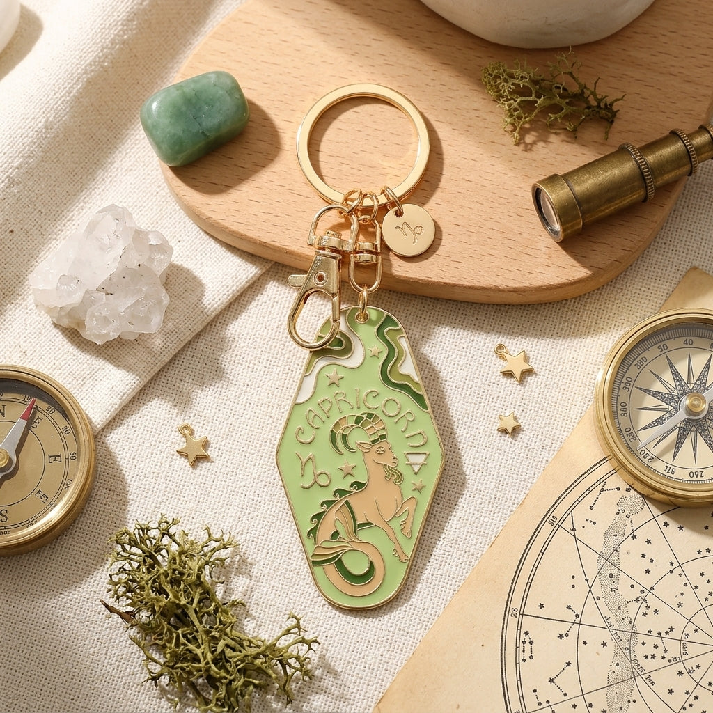 A Capricorn zodiac keychain with a light green enamel body and gold-toned metal details, styled on a beige fabric background with crystals, a wooden tray, brass compasses, and dried botanicals.