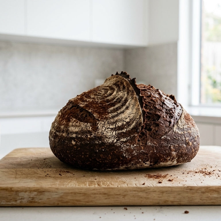 A rustic, dark brown sourdough bread loaf with a flour-dusted crust sits on a wooden cutting board on a kitchen counter, with a small potted plant and a bright window in the background.