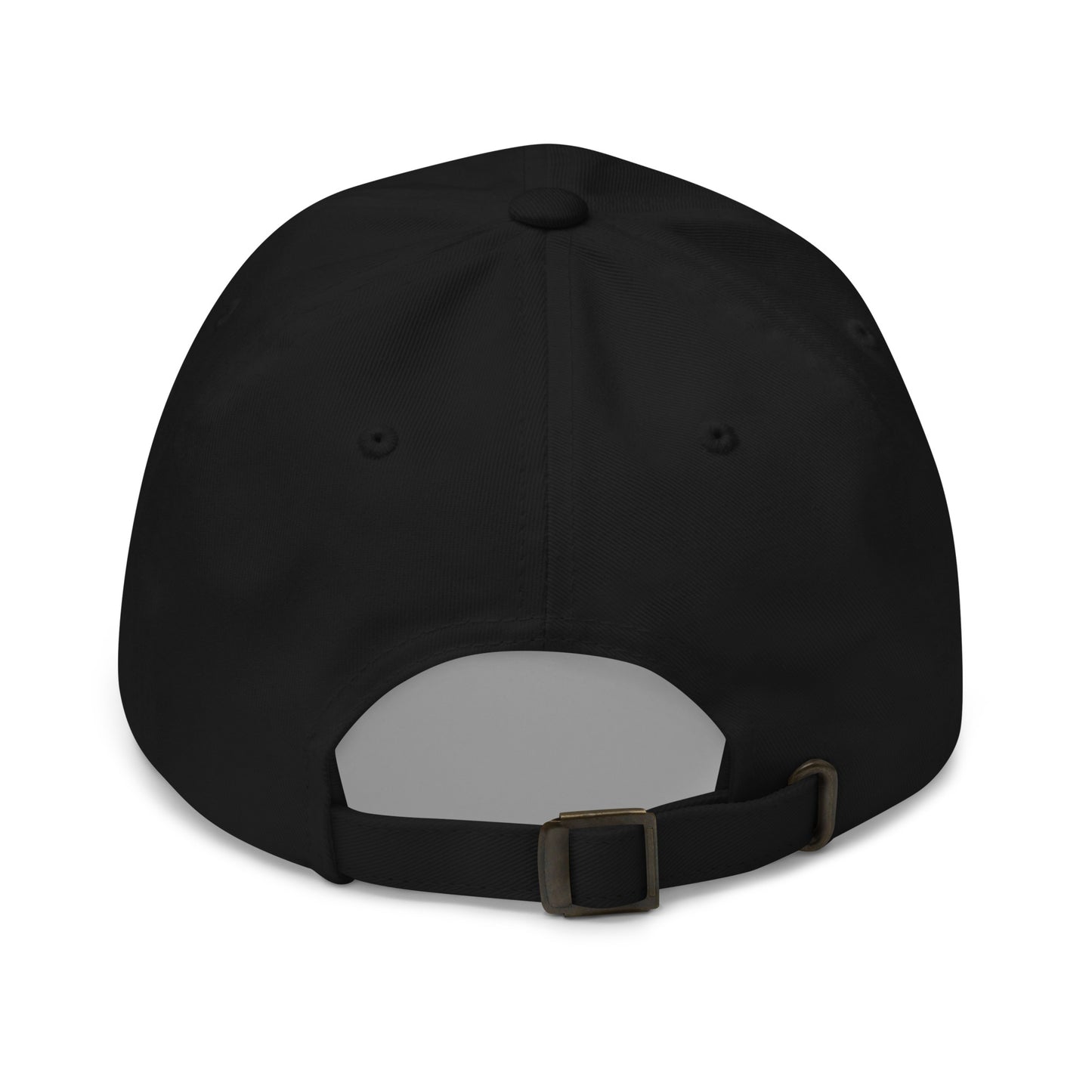 Proudly Difficult Dad Hat by Spinsterly Co, black embroidered baseball cap with curved visor and antique buckle