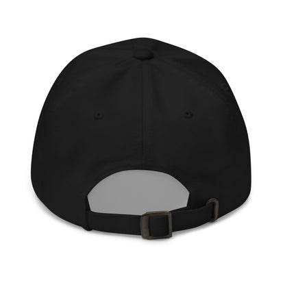 Proudly Difficult Dad Hat by Spinsterly Co, black embroidered baseball cap with curved visor and antique buckle