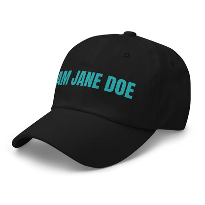 Black cap with 'I AM JANE DOE' embroidered on a light gray background