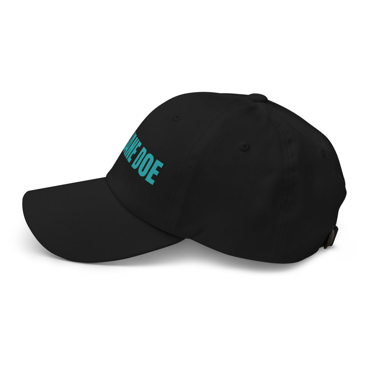 Black cap with teal embroidered text on a white background