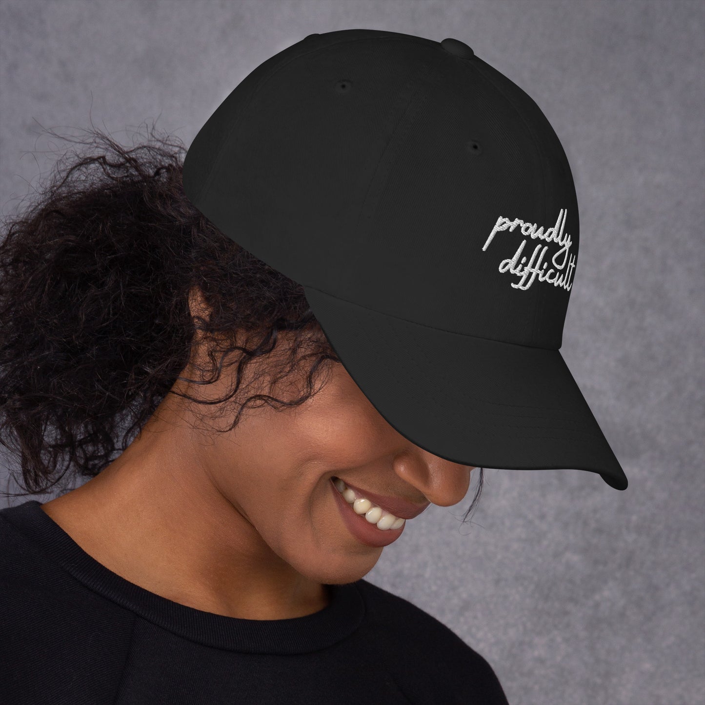Proudly Difficult Dad Hat Feminist Embroidered Baseball Cap Spinsterly Co black embroidered activist hat with curved visor