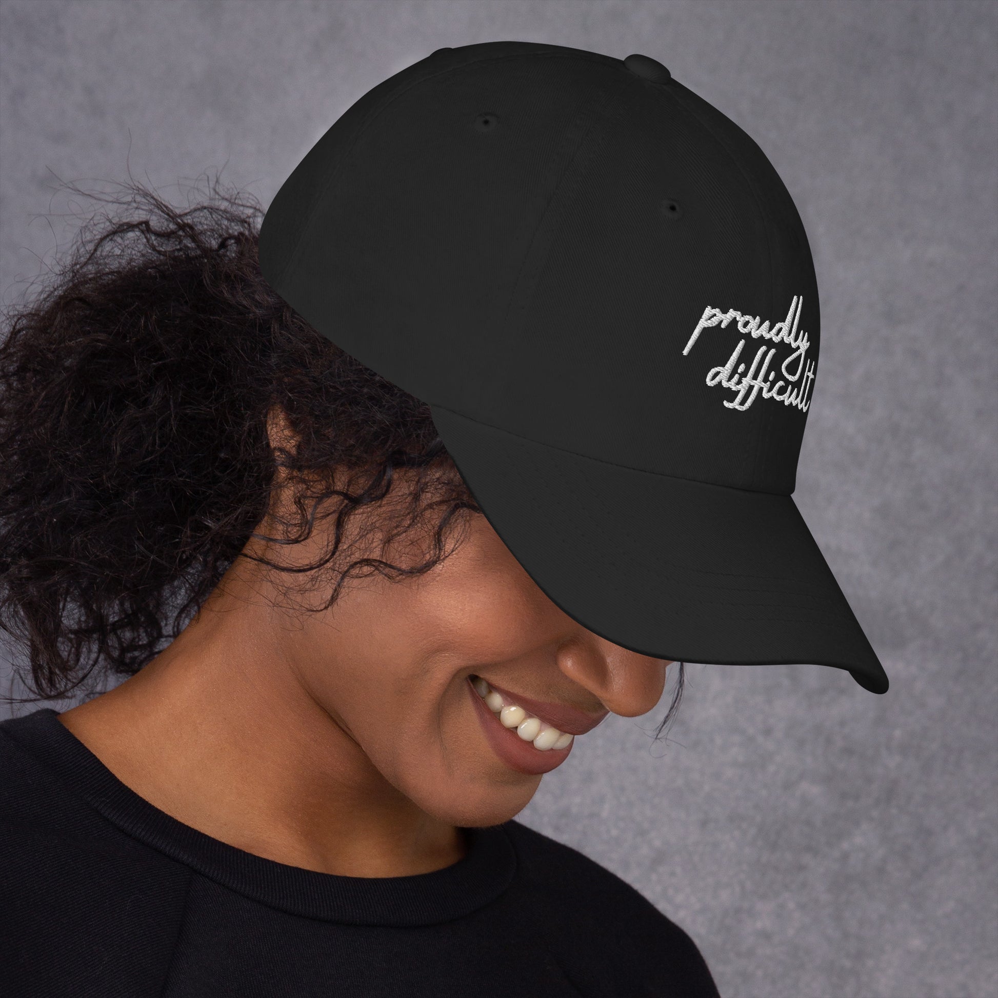 Proudly Difficult Dad Hat Feminist Embroidered Baseball Cap Spinsterly Co black embroidered activist hat with curved visor