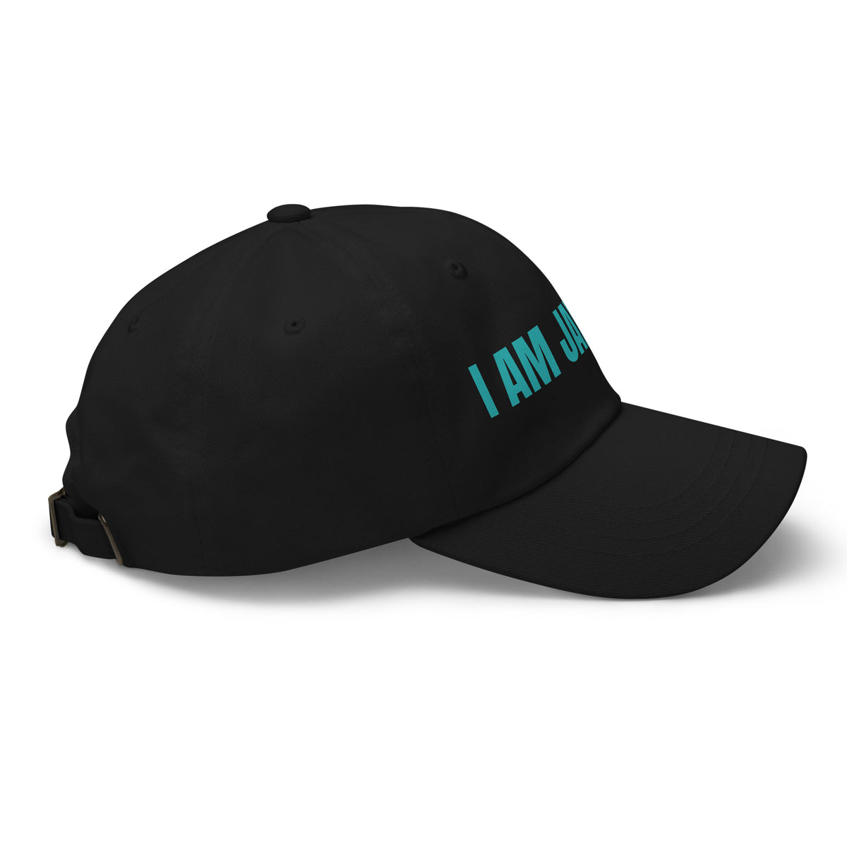 Black cap with 'I AM JANE DOE' embroidered across the front in teal thread on a white background