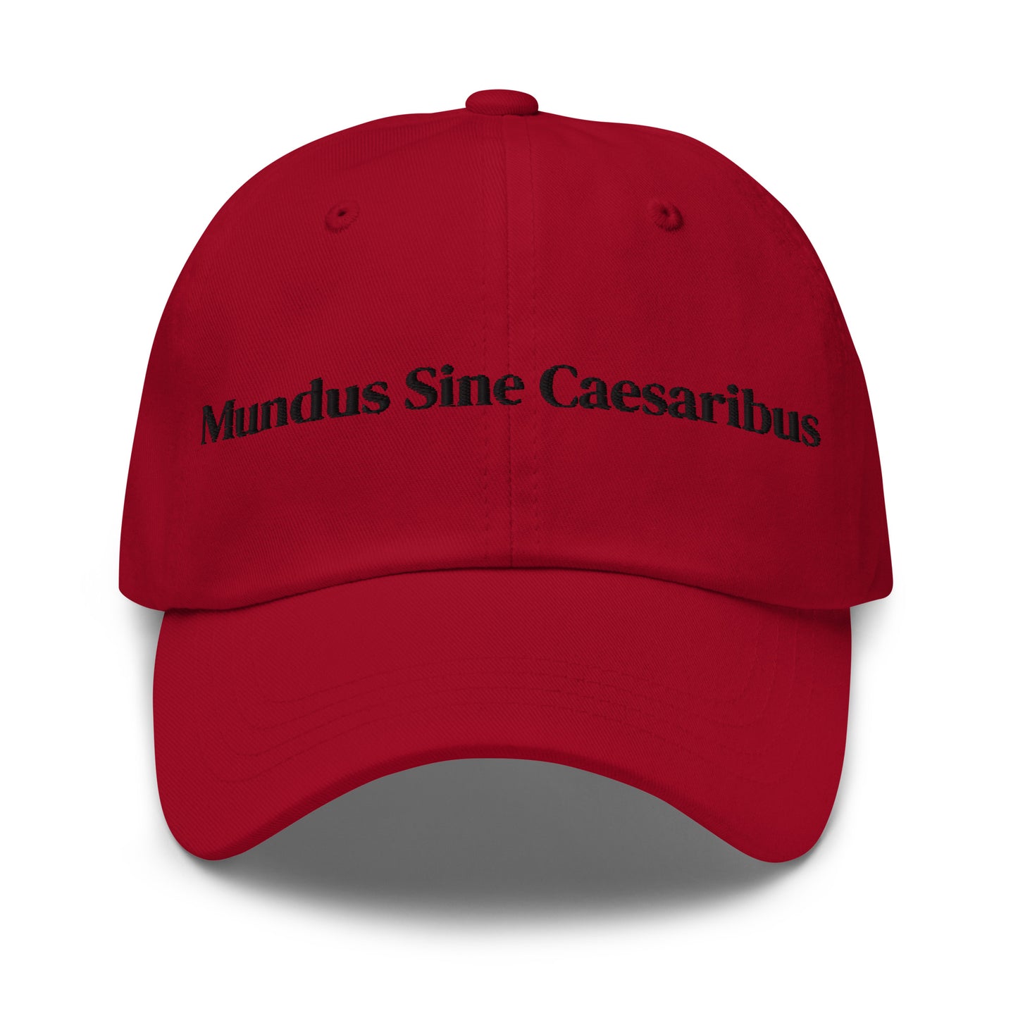 Mundus Sine Caesaribus Dad Hat by Spinsterly Co, red embroidered cap with antique buckle strap closure