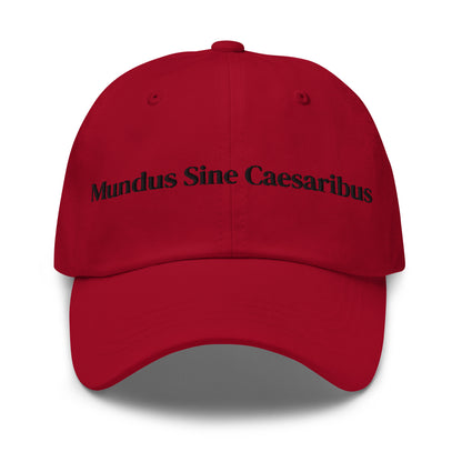 Mundus Sine Caesaribus Dad Hat by Spinsterly Co, red embroidered cap with antique buckle strap closure