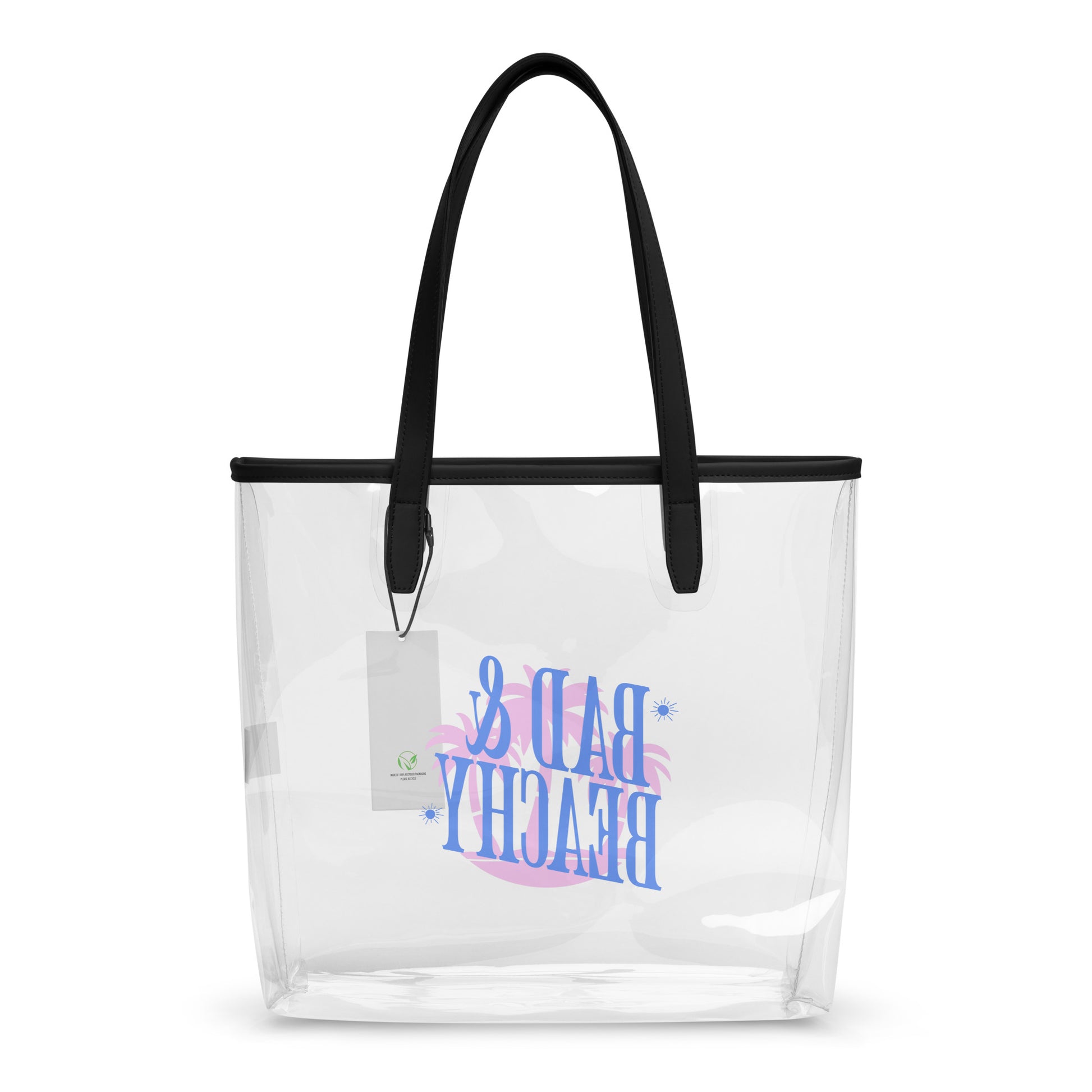 Bad and Beachy Clear Tote Bag by Spinsterly Co with black handles, waterproof TPU stadium approved clear design