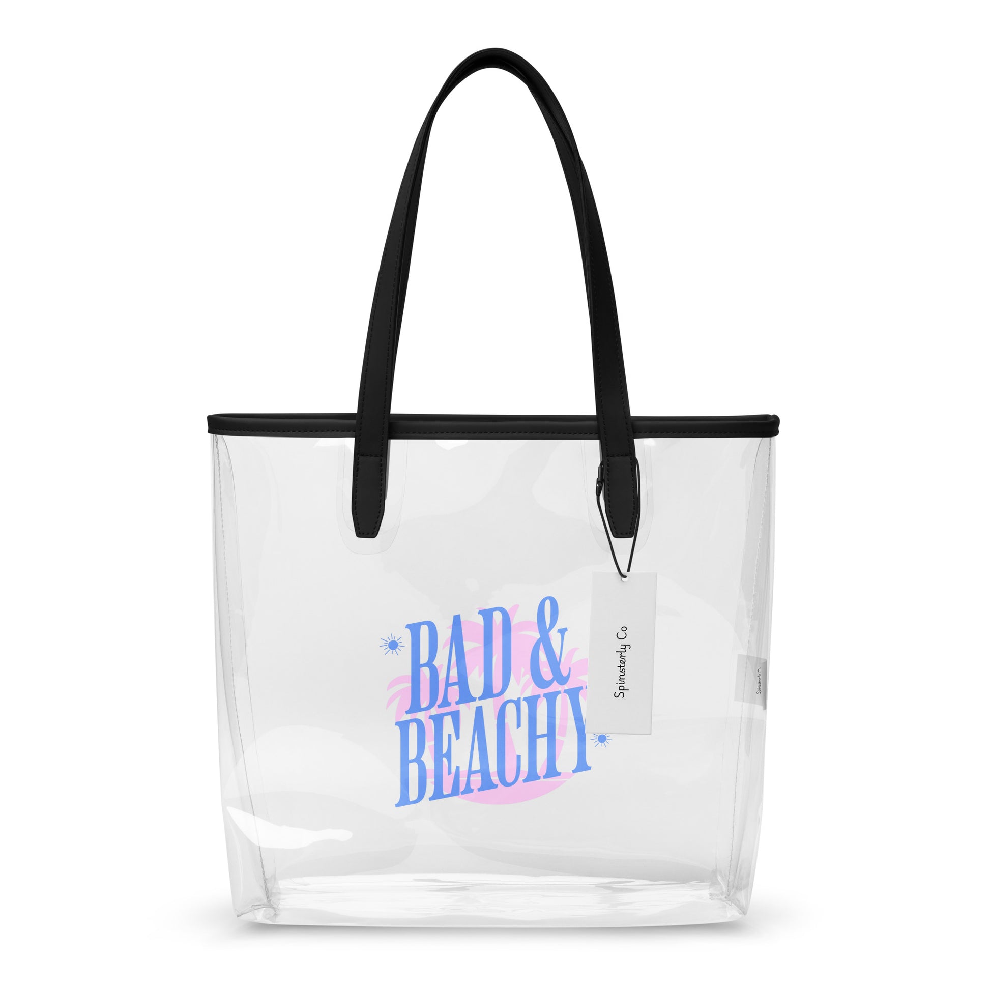 Bad and Beachy Clear Tote Bag by Spinsterly Co with black handles, clear waterproof TPU stadium bag