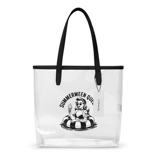 Summerween Queen Clear Tote Bag by Spinsterly Co with clear TPU and black handles, vintage pin up graphic print