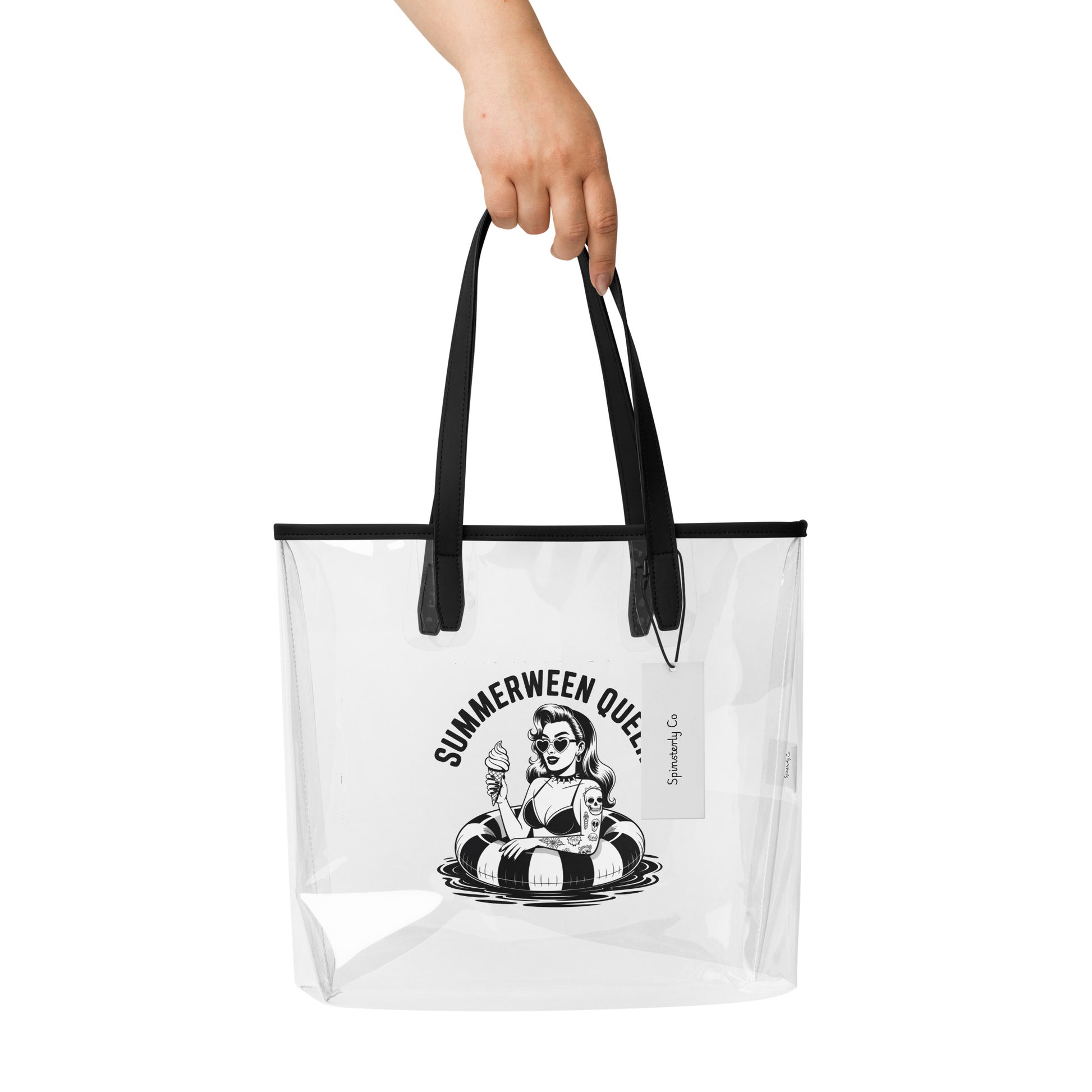 Summerween Queen Clear Tote Bag by Spinsterly Co with black handles, clear TPU, vintage pin up graphic print