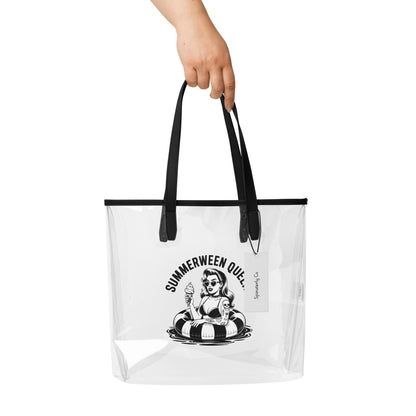 Summerween Queen Clear Tote Bag by Spinsterly Co with black handles, clear TPU, vintage pin up graphic print