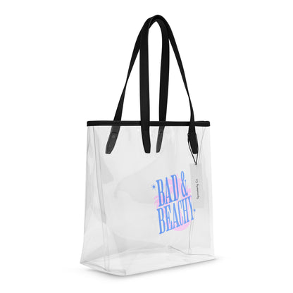 Bad and Beachy Clear Tote Bag by Spinsterly Co in clear waterproof TPU with black handles and strap