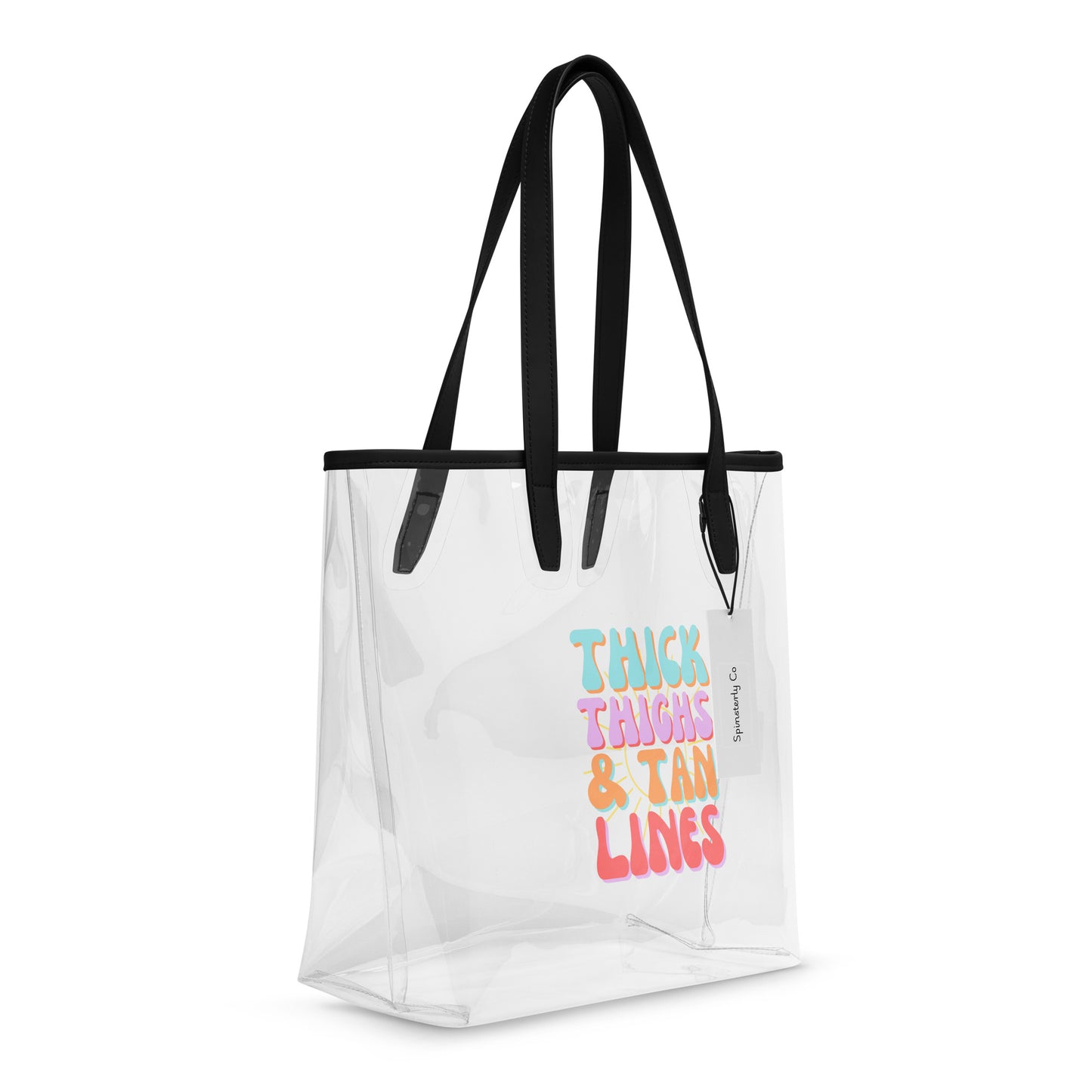 Thick Thighs and Tan Lines Clear Tote Bag Spinsterly Co clear TPU stadium tote with black handles