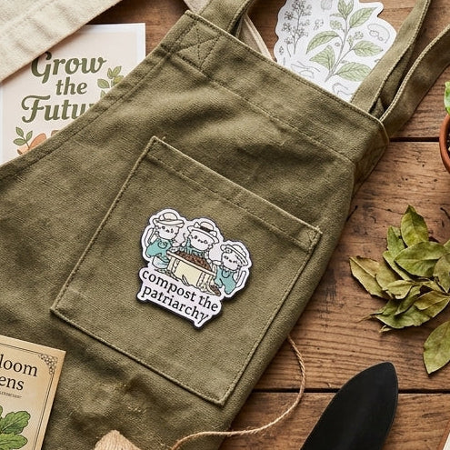 An olive green gardening apron laid flat on a rustic wooden table, surrounded by gardening-themed props including a small trowel, gloves, seed packets, twine, a book, glasses, and a mug. The apron has a front pocket with a decorative pin featuring three cats and text reads 'compost the patriarchy' and a small hanging tag.