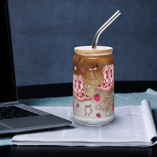 Coquette Cowgirl Strawberry Can Glass Tumbler | Pink Boots & Bows Iced Coffee Cup - Spinsterly Co