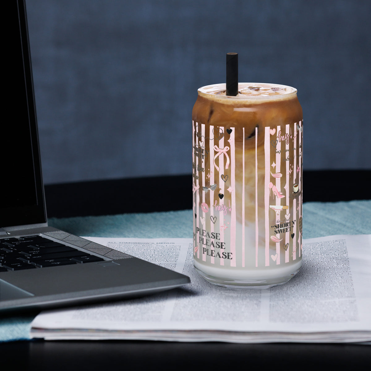 Coquette Espresso Pop Music Lyric Scatter Glass Tumbler | Fan Gift 16 oz with Bamboo Lid & Straw - Spinsterly Co