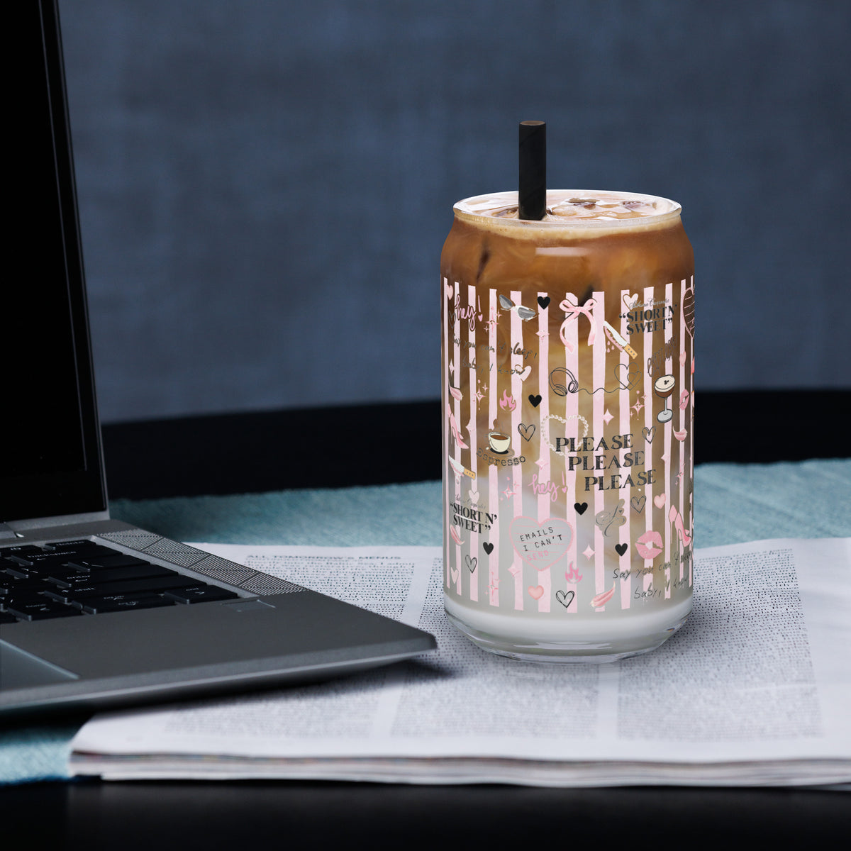 Coquette Espresso Pop Music Lyric Scatter Glass Tumbler | Fan Gift 16 oz with Bamboo Lid & Straw - Spinsterly Co