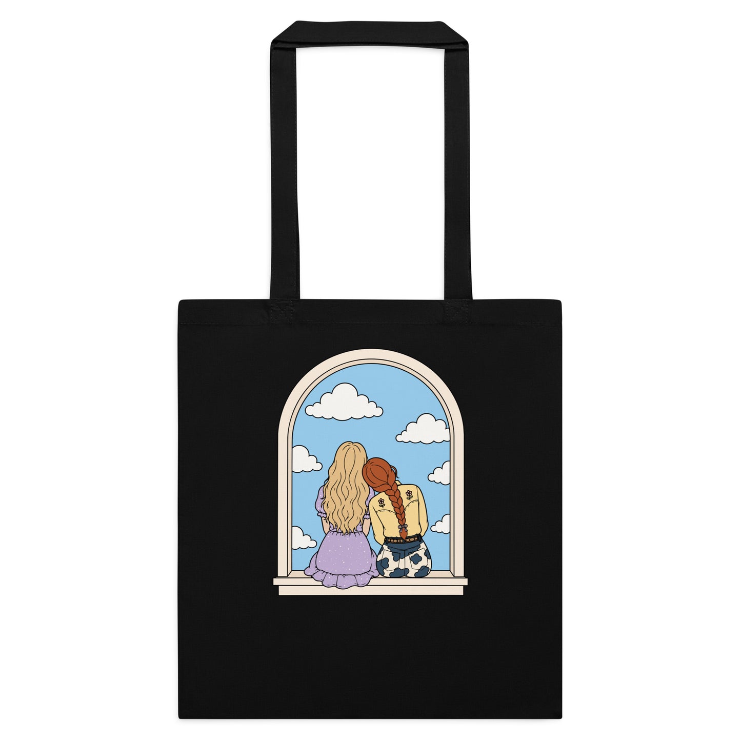 Windowsill Friends Cotton Tote Bag by Spinsterly Co in Black with whimsical arched window friendship illustration