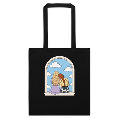 Windowsill Friends Cotton Tote Bag by Spinsterly Co in Black with whimsical arched window friendship illustration