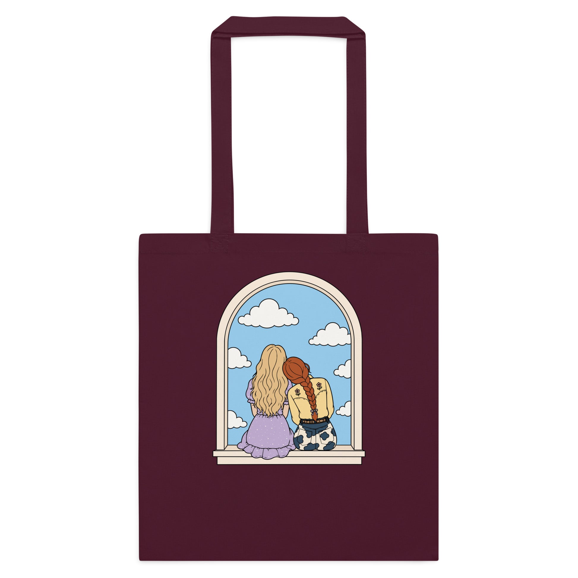 Windowsill Friends Cotton Tote Bag by Spinsterly Co in Burgundy cotton canvas with whimsical arched-window illustration