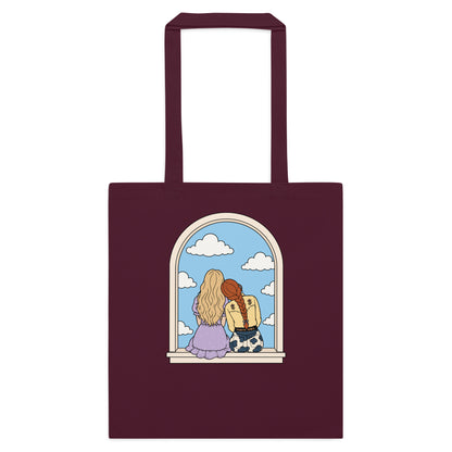 Windowsill Friends Cotton Tote Bag by Spinsterly Co in Burgundy cotton canvas with whimsical arched-window illustration