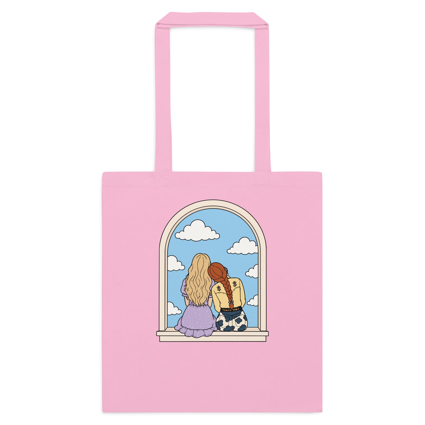 Windowsill Friends Cotton Tote Bag by Spinsterly Co in Classic Pink with arched-window friendship illustration