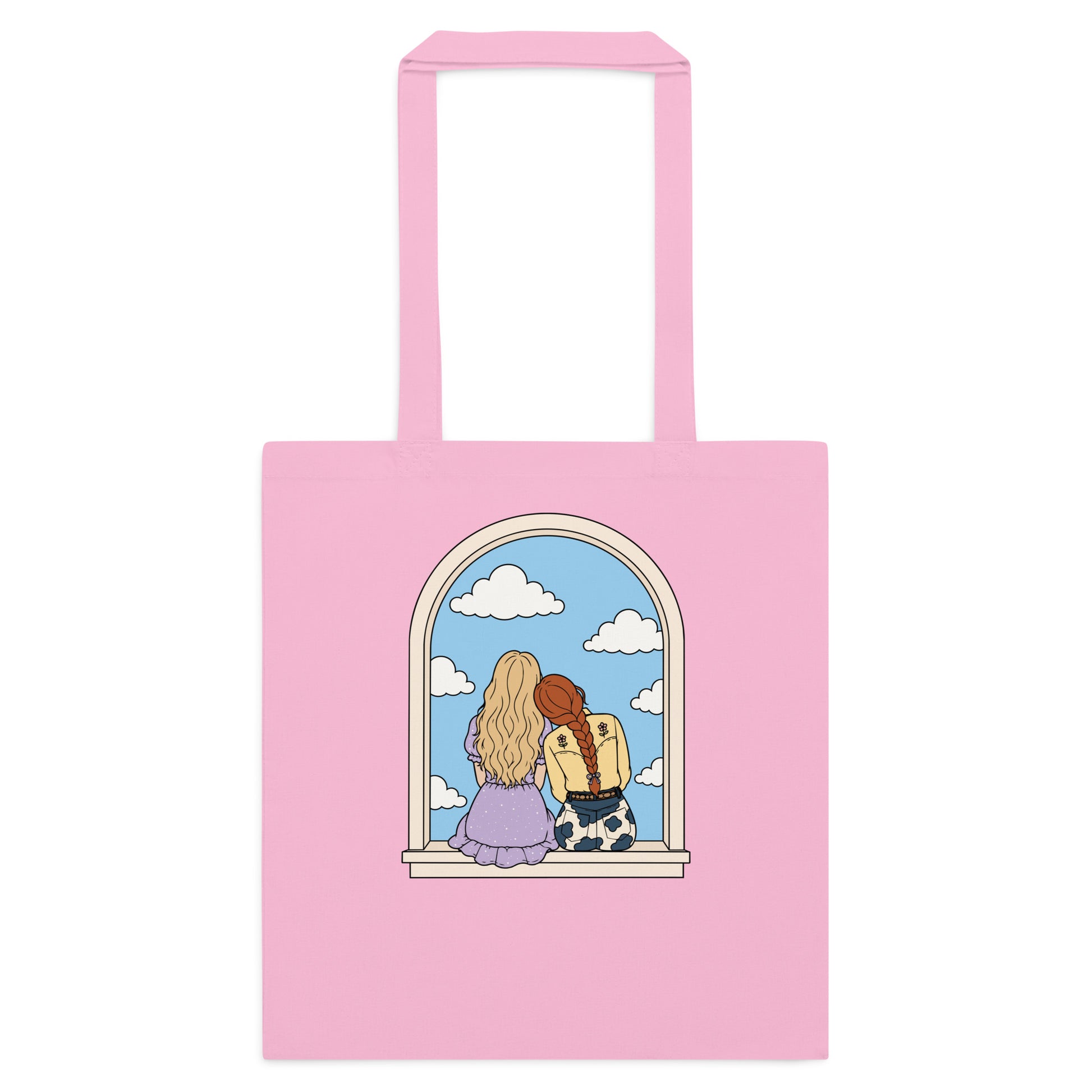 Windowsill Friends Cotton Tote Bag by Spinsterly Co in Classic Pink with arched-window friendship illustration