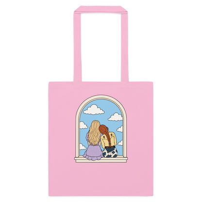 Windowsill Friends Cotton Tote Bag by Spinsterly Co in Classic Pink with arched-window friendship illustration