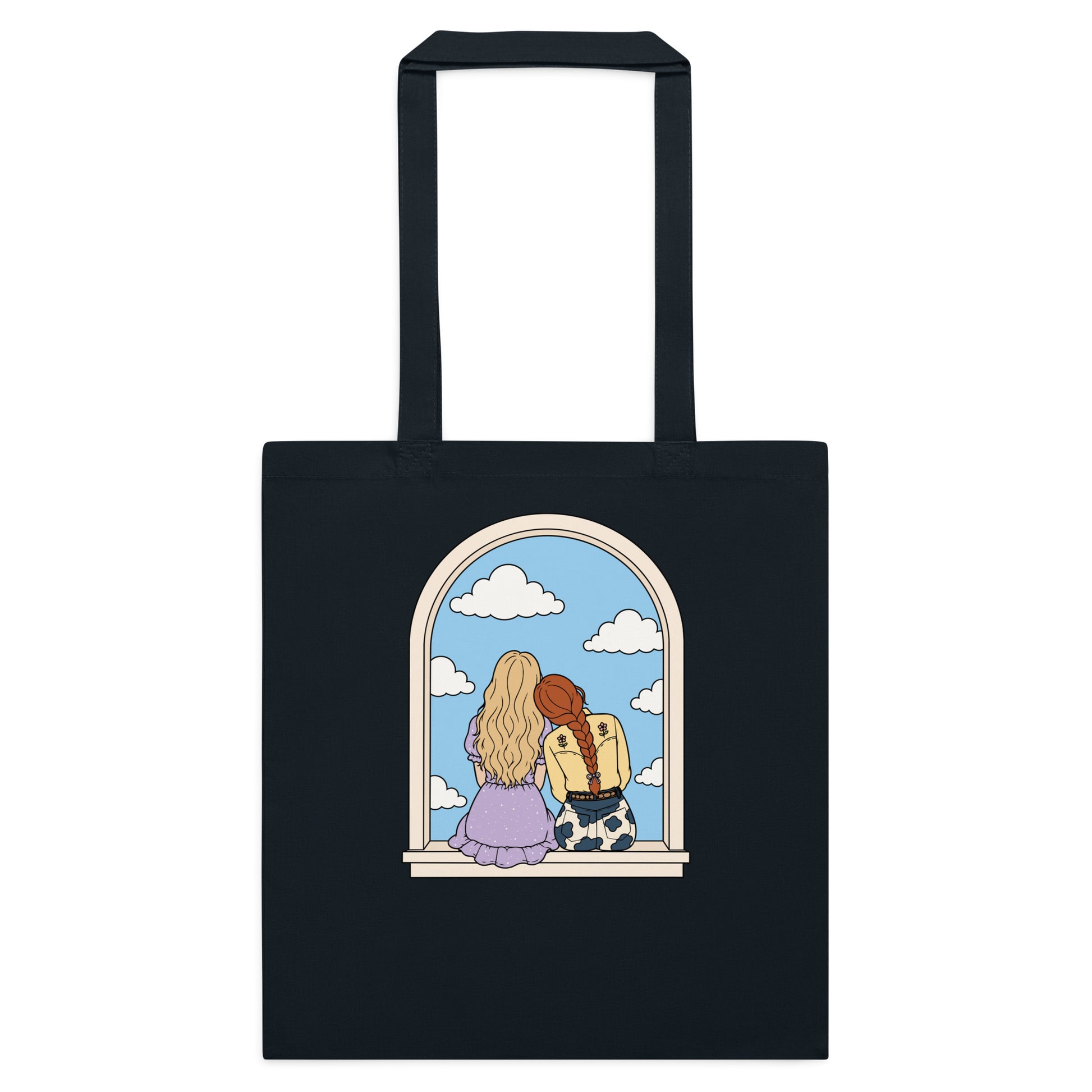 Windowsill Friends Cotton Tote Bag by Spinsterly Co in Black cotton canvas with arched-window friendship illustration