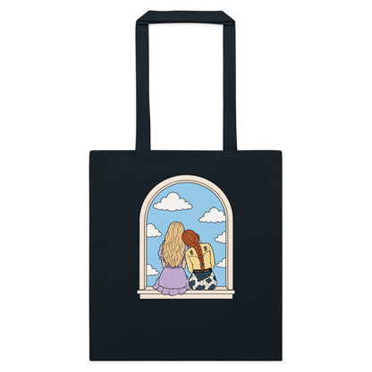 Windowsill Friends Cotton Tote Bag by Spinsterly Co in Black cotton canvas with arched-window friendship illustration