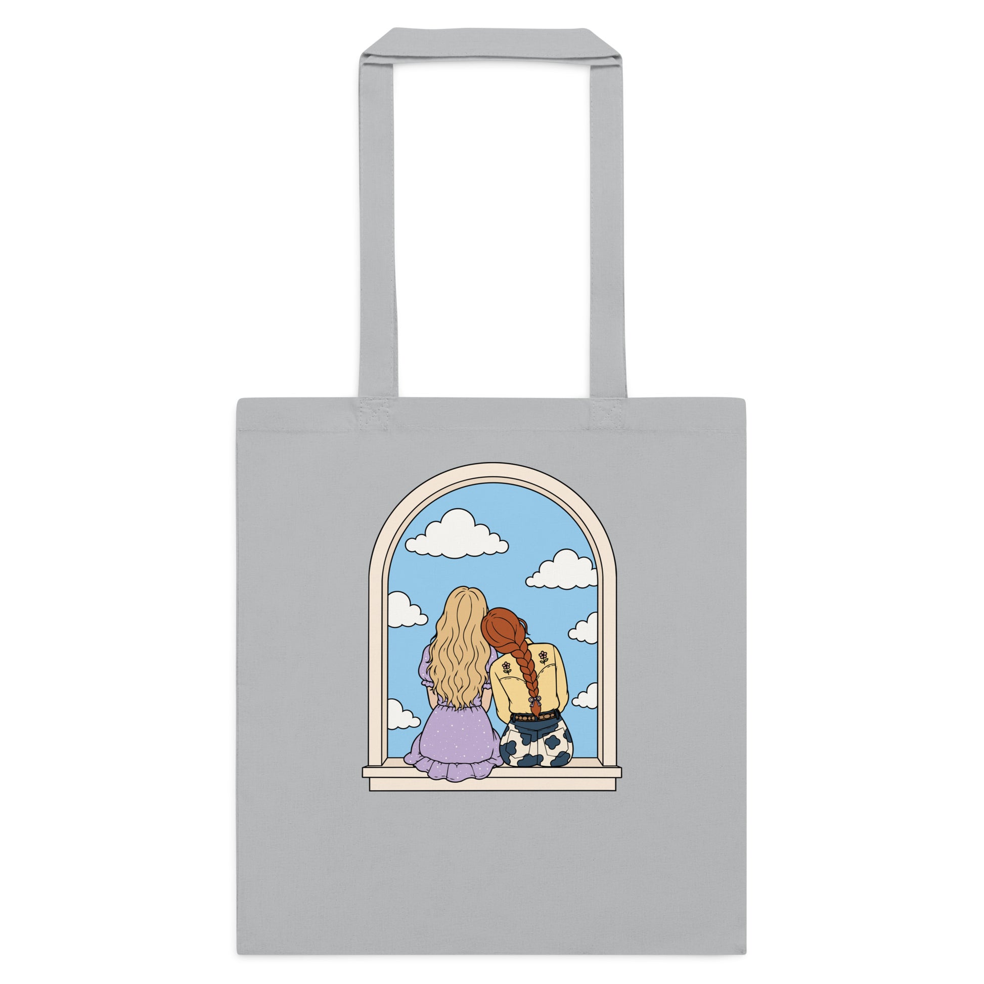 Windowsill Friends Cotton Tote Bag by Spinsterly Co in Light Grey with arched-window friendship illustration