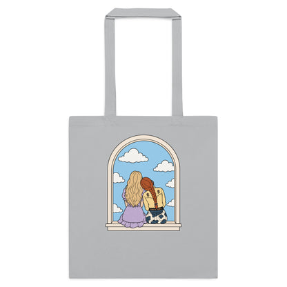 Windowsill Friends Cotton Tote Bag by Spinsterly Co in Light Grey with arched-window friendship illustration