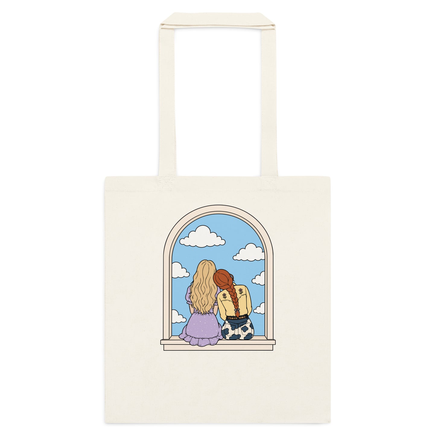 Windowsill Friends Cotton Tote Bag by Spinsterly Co in Natural cotton canvas with arched-window friendship illustration