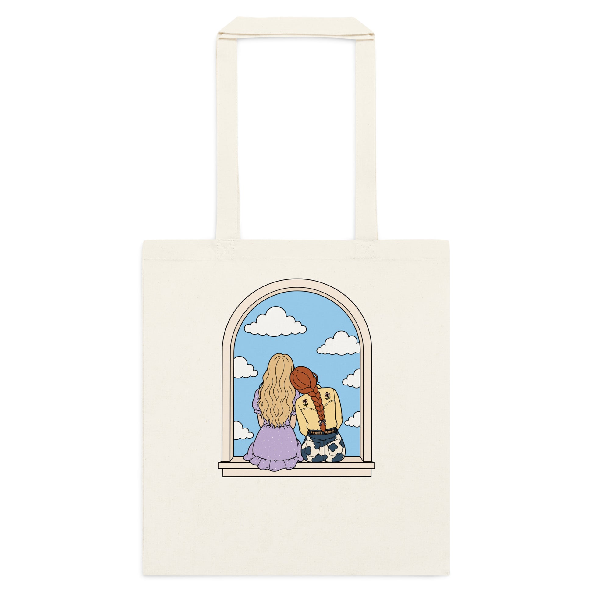 Windowsill Friends Cotton Tote Bag by Spinsterly Co in Natural cotton canvas with arched-window friendship illustration