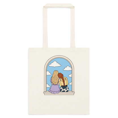 Windowsill Friends Cotton Tote Bag by Spinsterly Co in Natural cotton canvas with arched-window friendship illustration