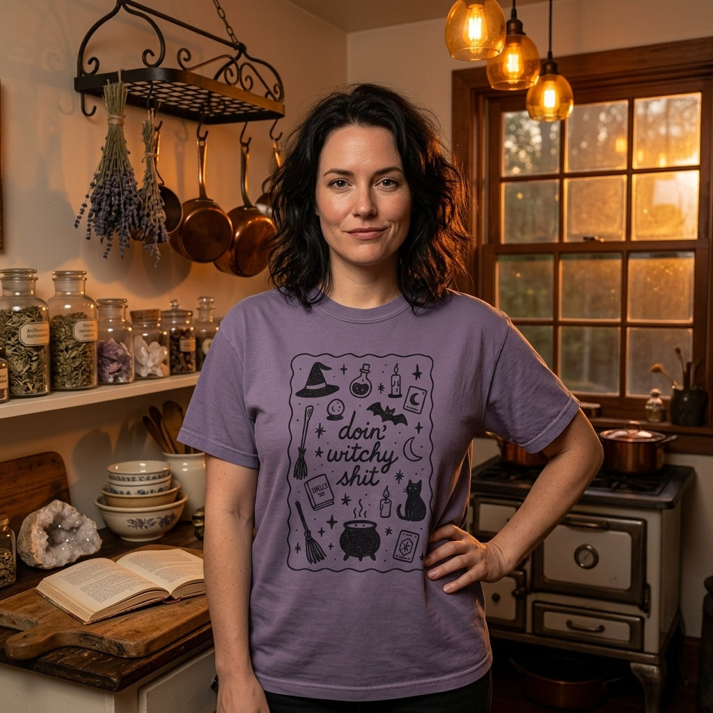A woman stands in a warm, rustic kitchen wearing a purple graphic t-shirt with a black witch-themed print that reads 'doin' witchy shit' surrounded by illustrations of a cauldron, cat, potion bottle, and broomstick.