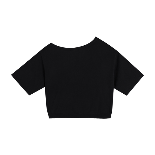 Flat lay back view of a black asymmetrical crop top t-shirt 